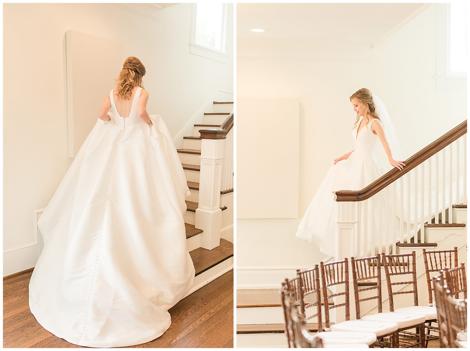 bride on historic staircase, gown flows out behind her