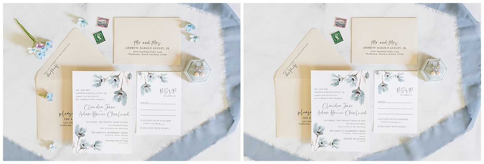 collage of wedding invitation suite by Anna Howe Design, photographed by Jenn Eddine Photography, Inc. showing with and without flowers
