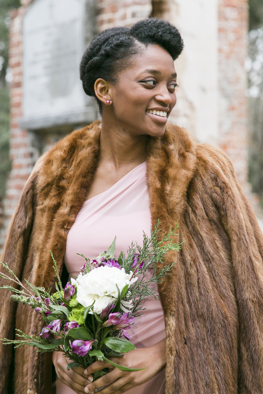 Bridesmaid portrait during a styled shoot in Old Sheldon church ruins in Beaufort SC