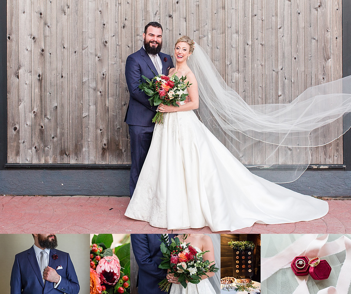 Photo collage with main image showing groom embracing his bride with her long veil trailing in the wind, complemented with images of wedding details
