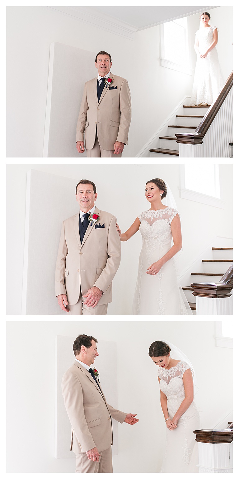 bride comes down stairs for first look with her father