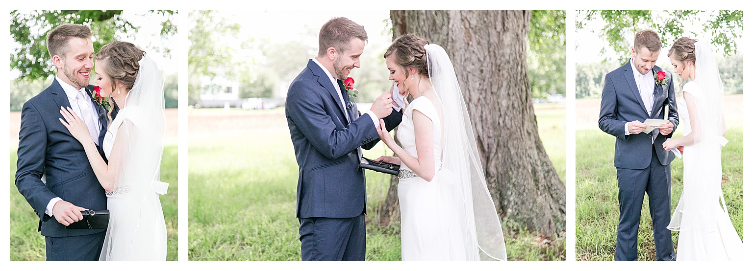 bride and groom share emotional first look