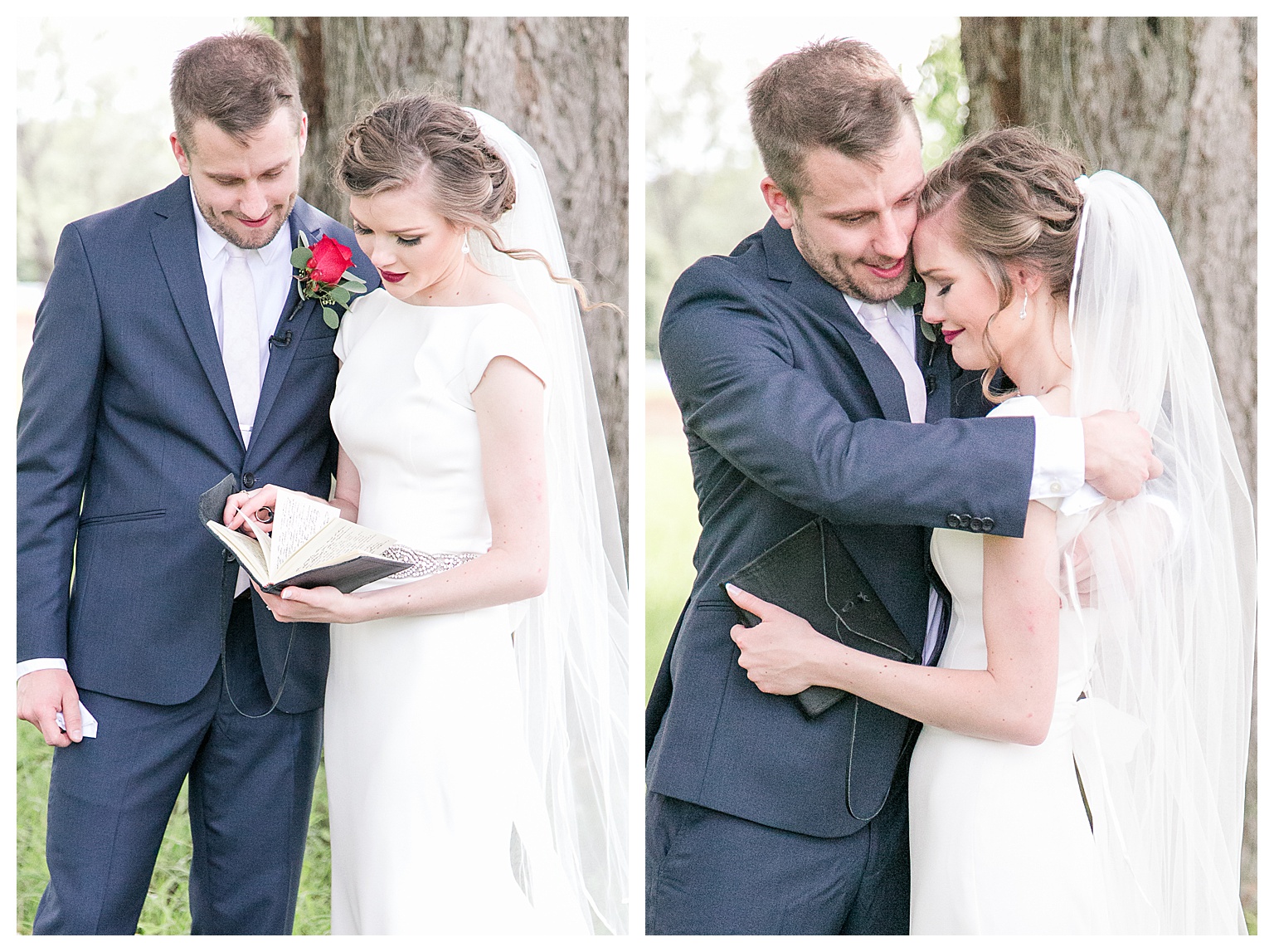 bride and groom emotionally read letters they wrote for one another during first look