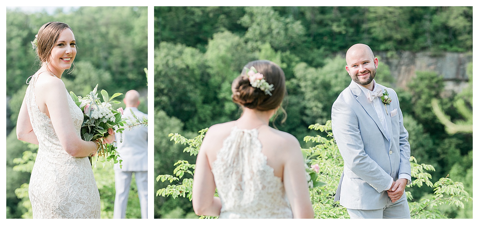 two images; bride smiles with husband's back turned to her, husband turns to see bride during first look and beams