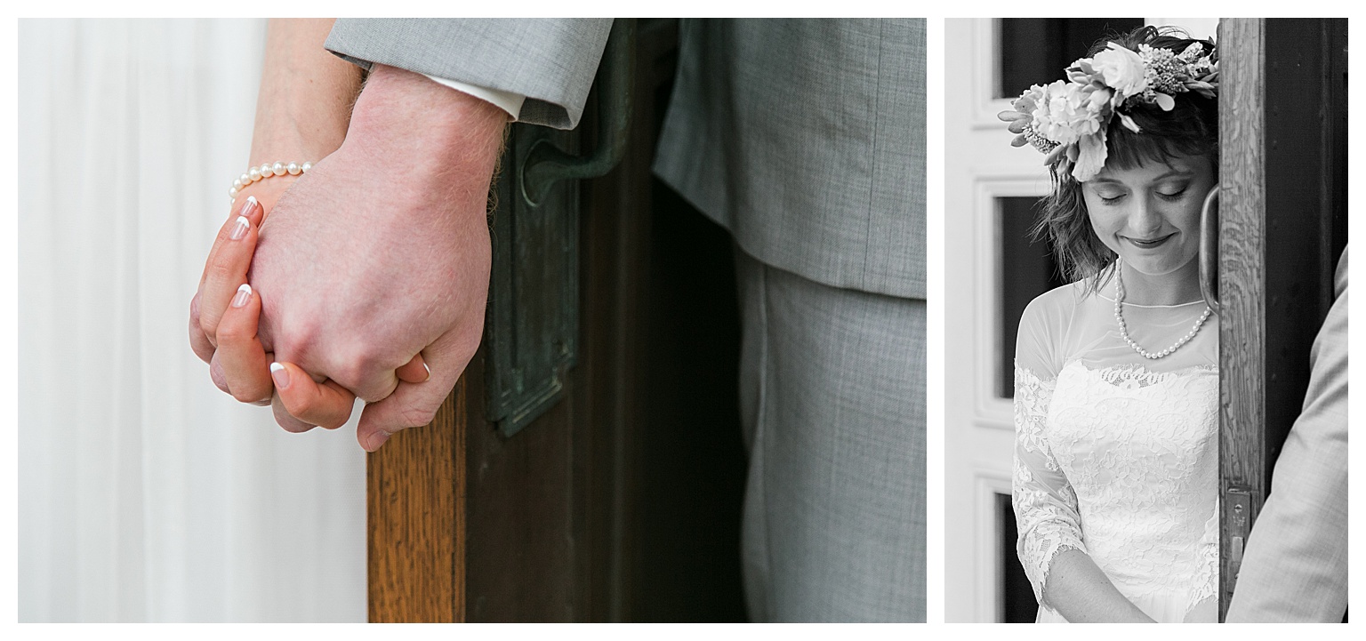 two images; first image is closeup of bride and groom holding hands around the door and cannot see one another, right image is of bride praying with husband on other side of door