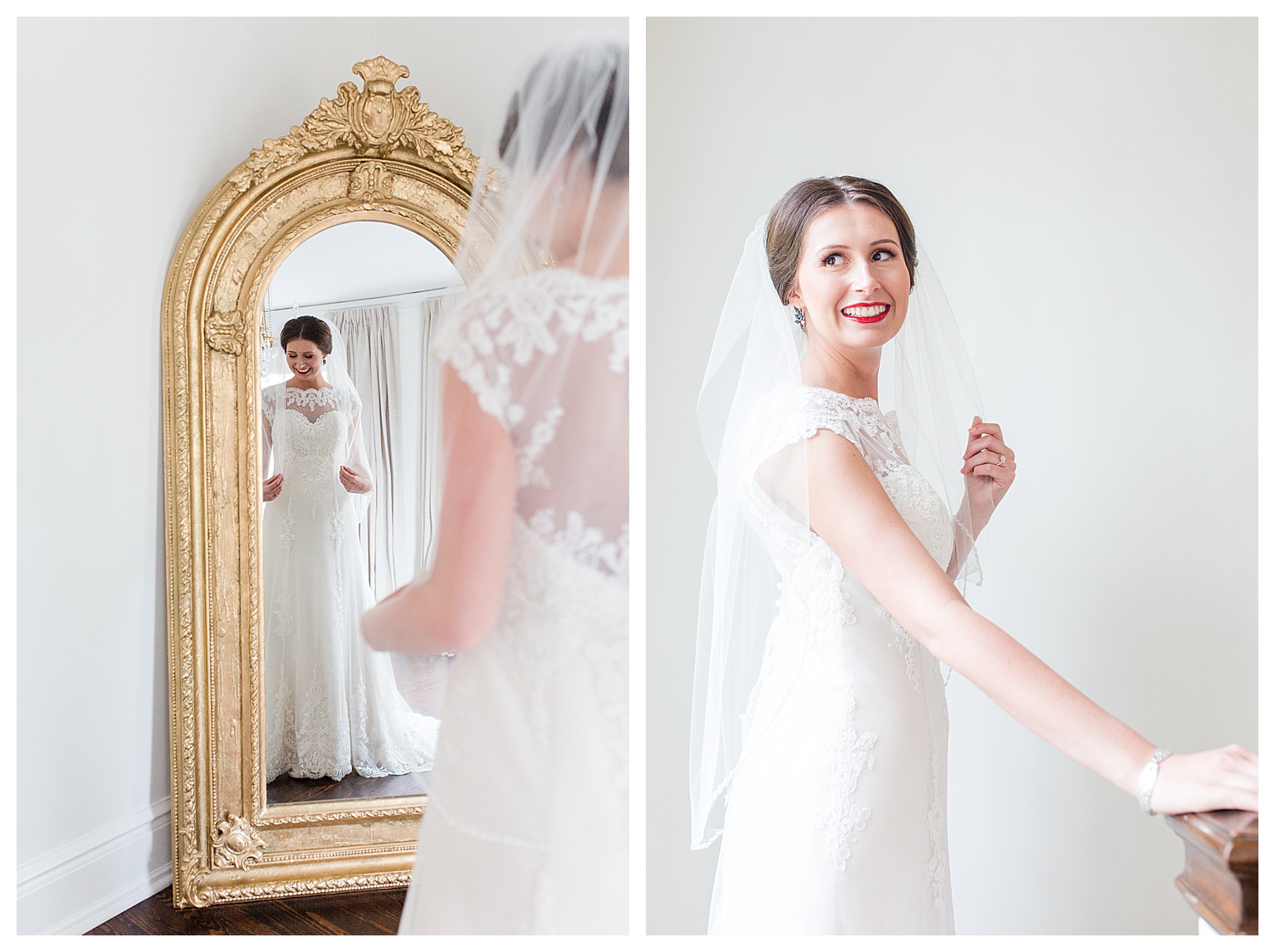 bride holds veil as she looks at herself in a mirror