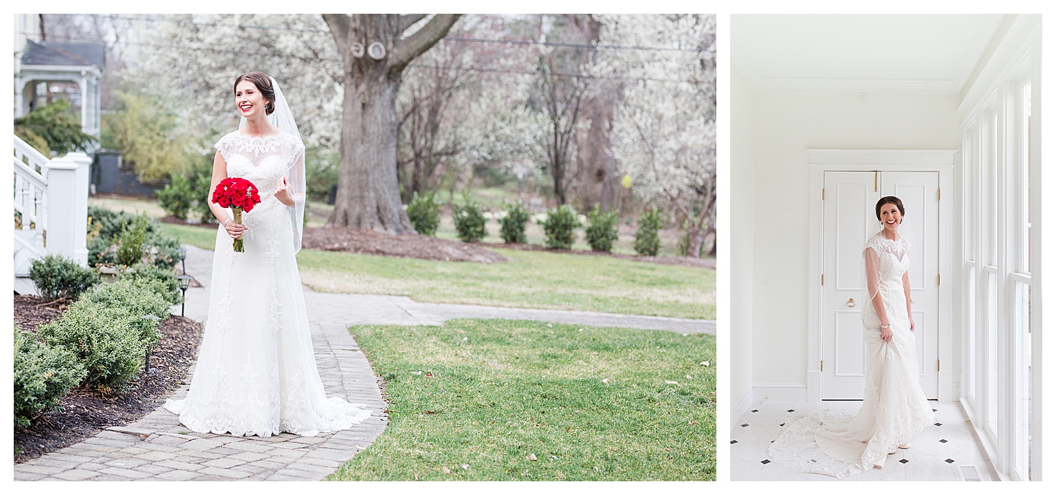 bride smiles and looks off to side in front of blooming trees