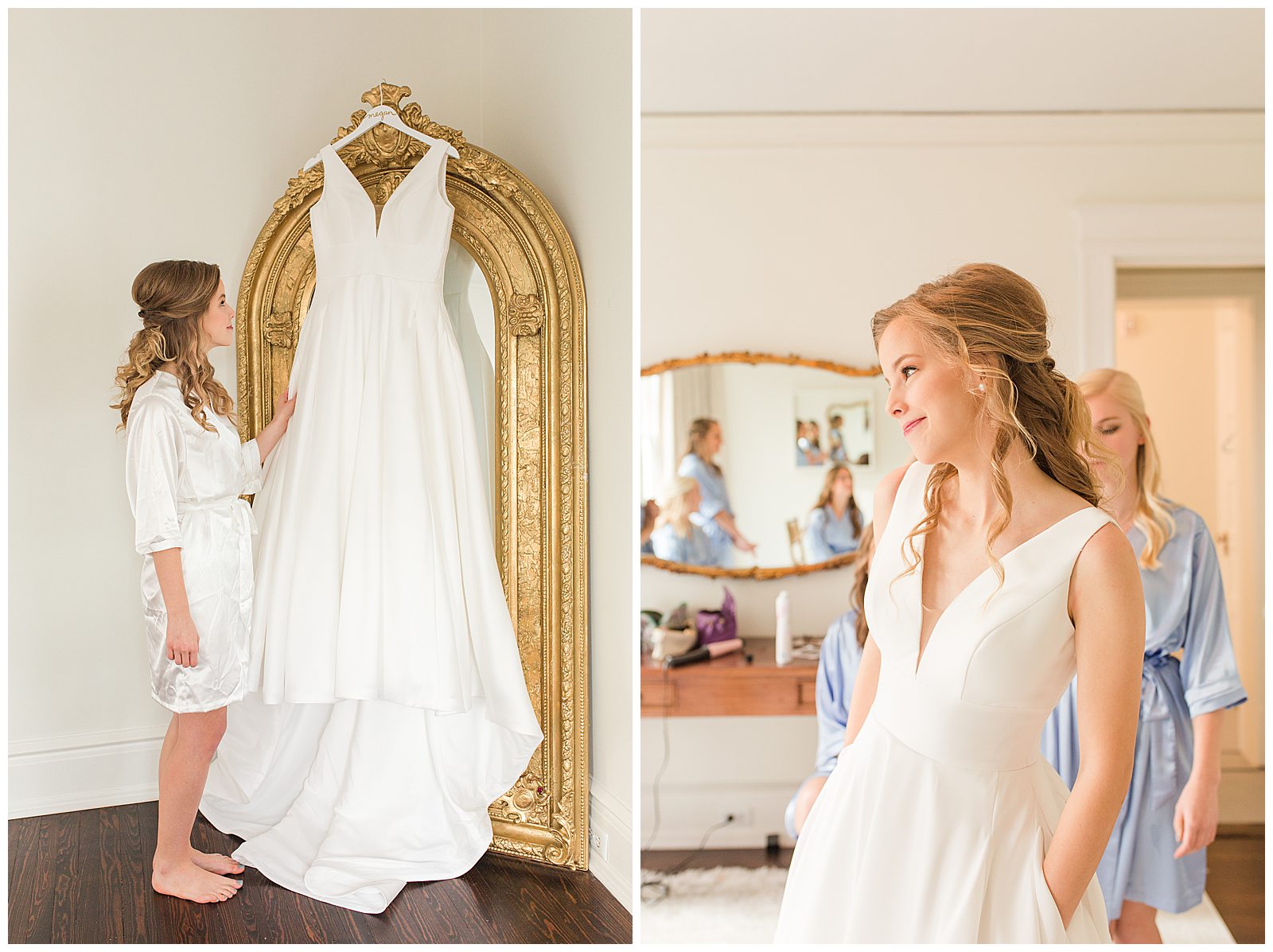 bride stands beside wedding gown while getting ready