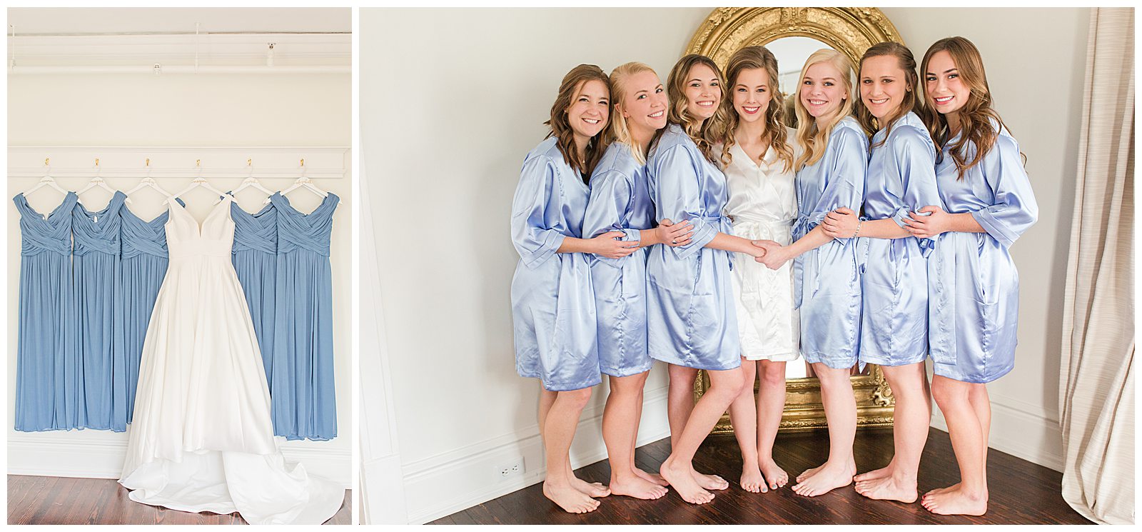 collage of bridesmaids gowns and wedding gown hanging, bridesmaids and bride huddled together in matching robes