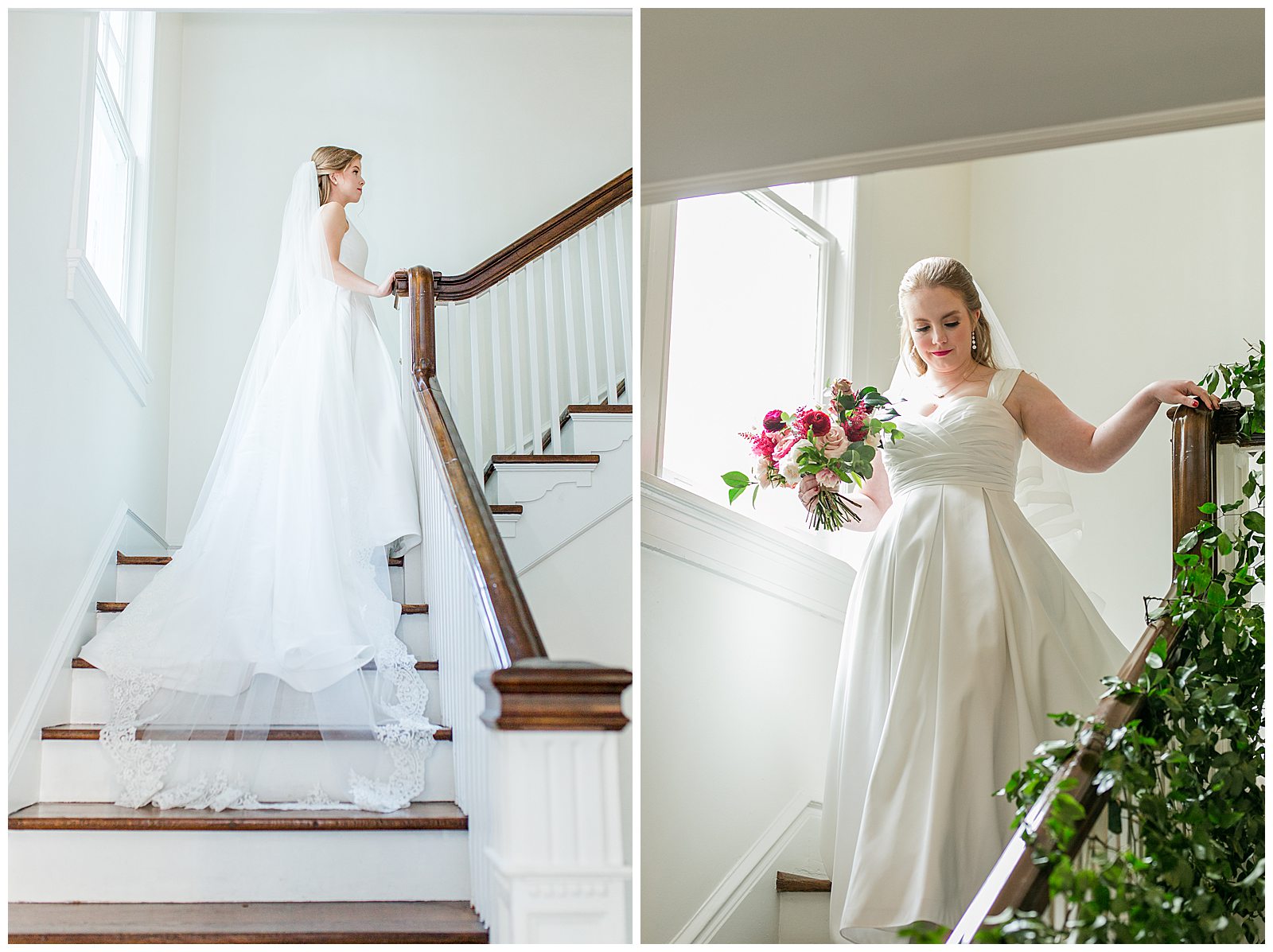 collage of two brides on gorgeous historic staircase