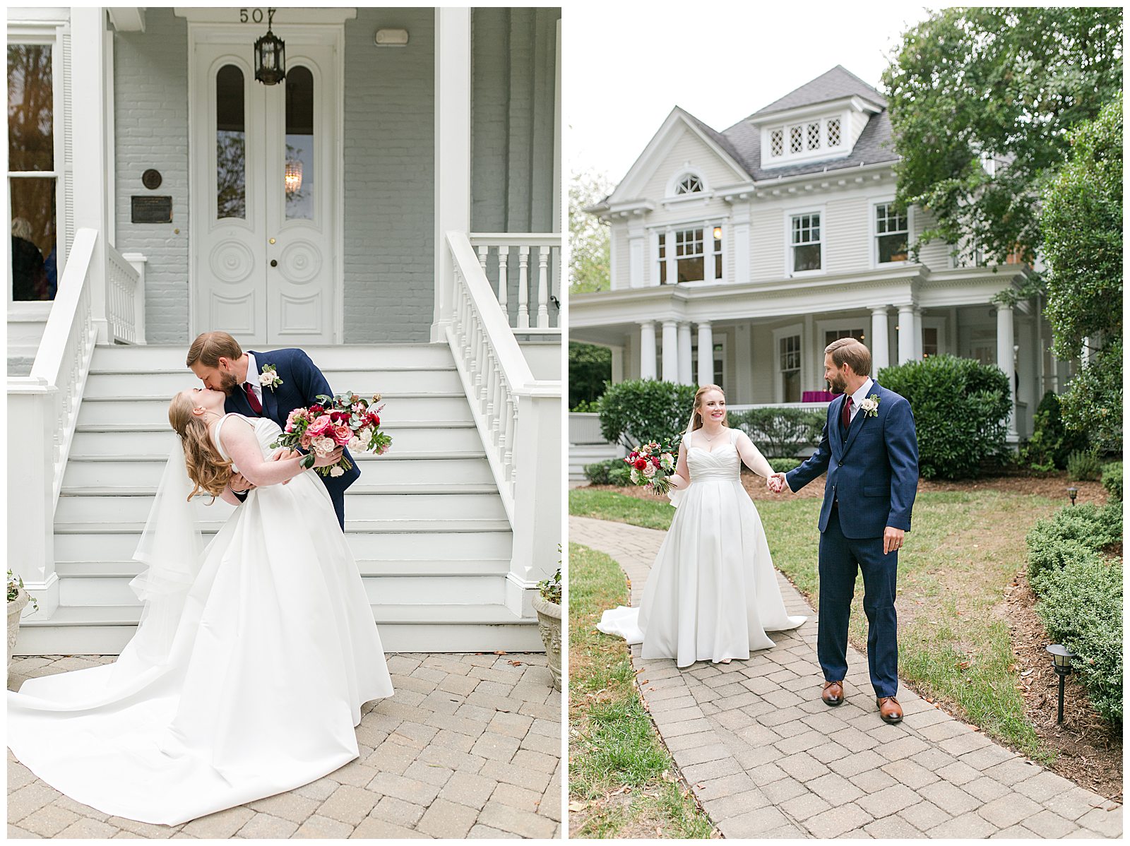 Collage of bride and groom dipping and kissing in front of porch, and walking in front of historic home