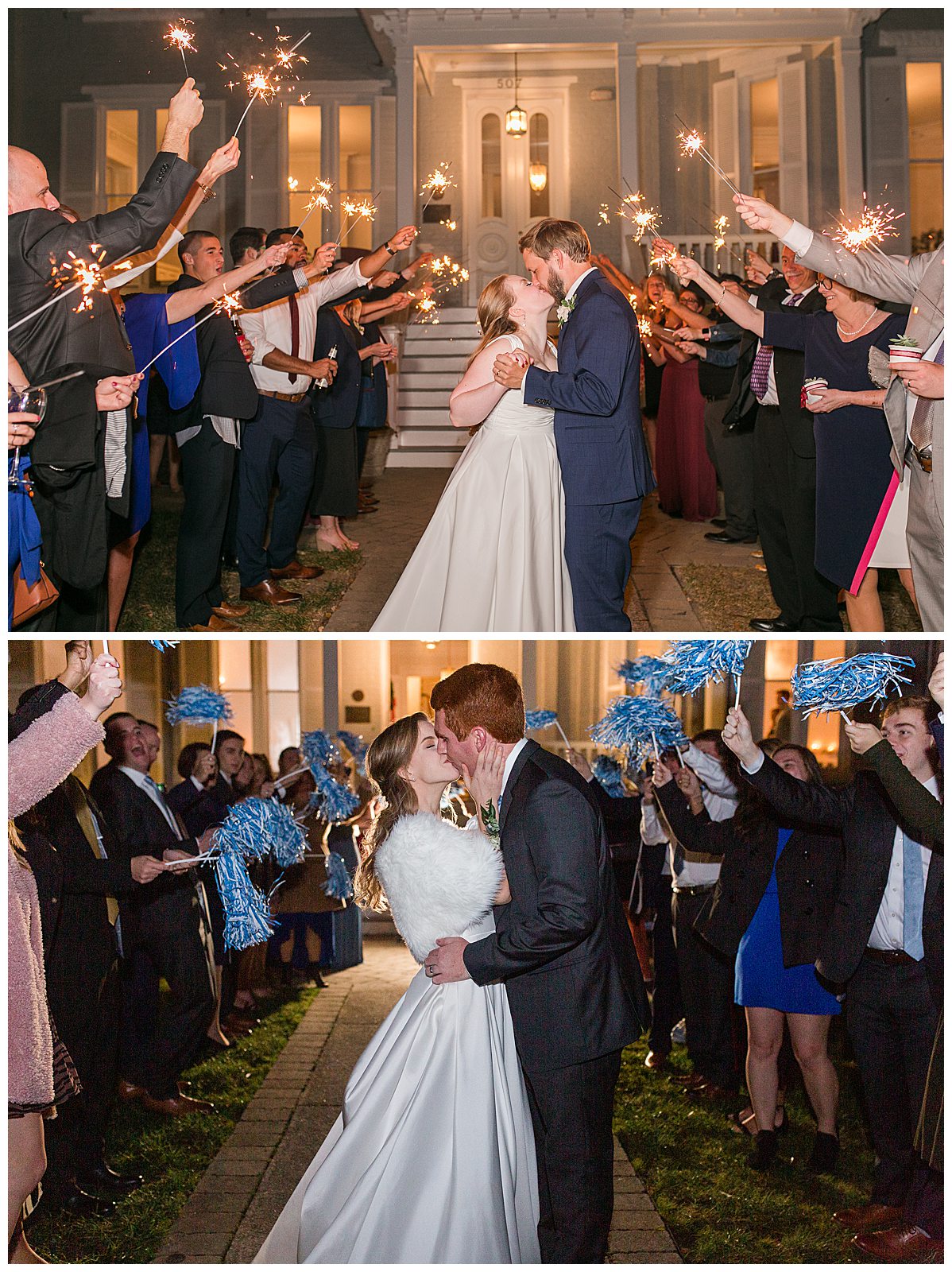 collage with two couples exiting wedding, one in which guests hold up sparklers, second with guests shaking UNC pom poms