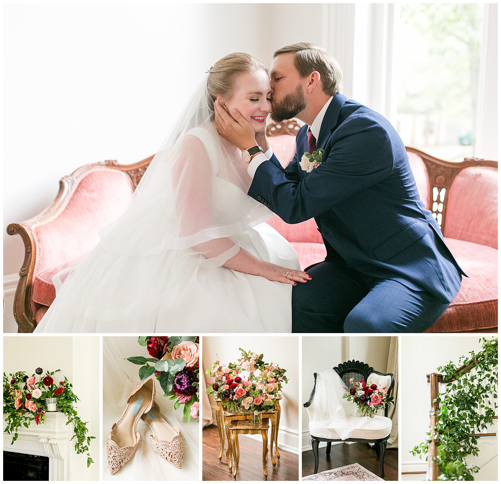 collage of wedding couple and details