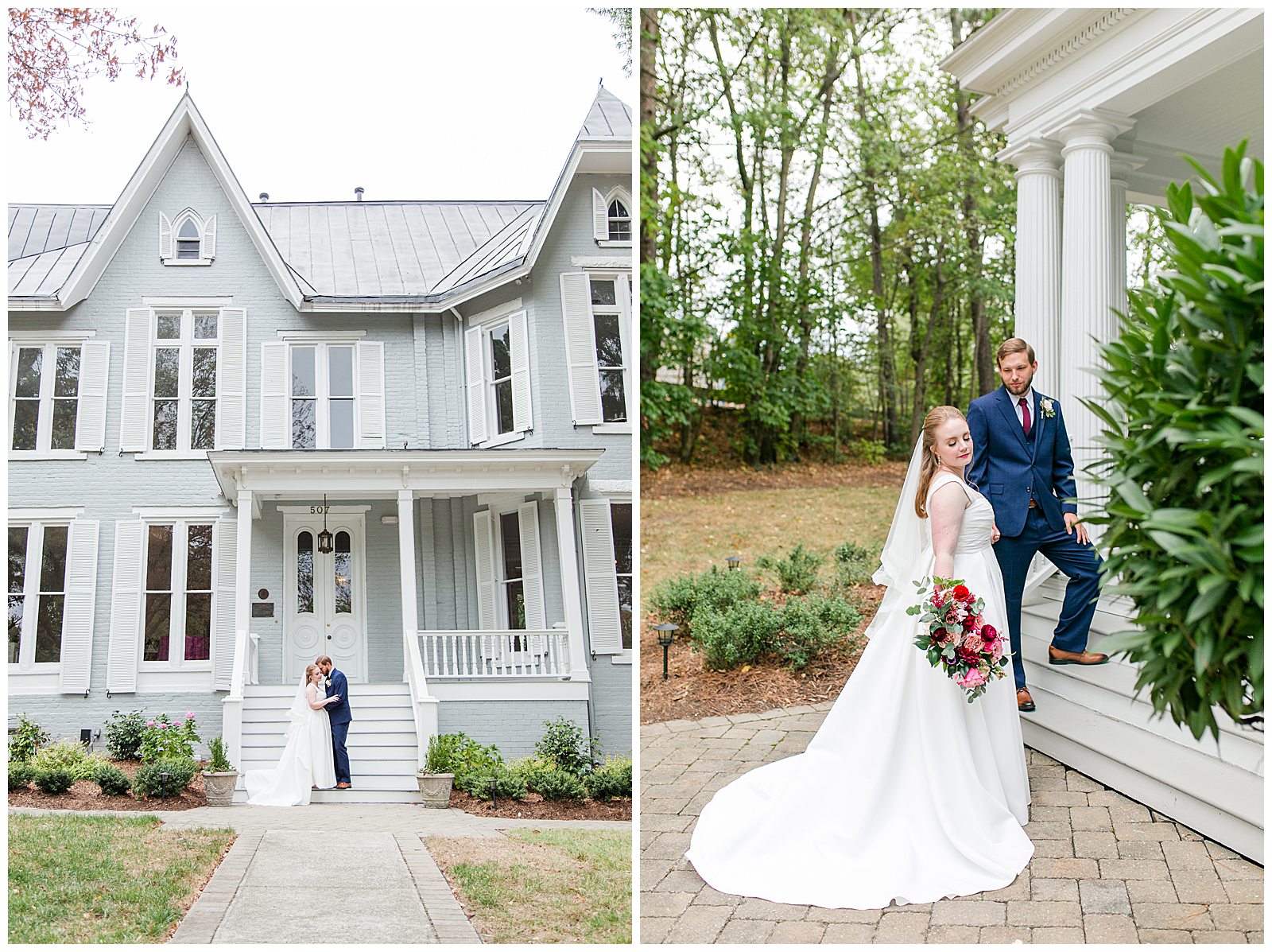 bride and groom pose in front of historic Greensboro venue