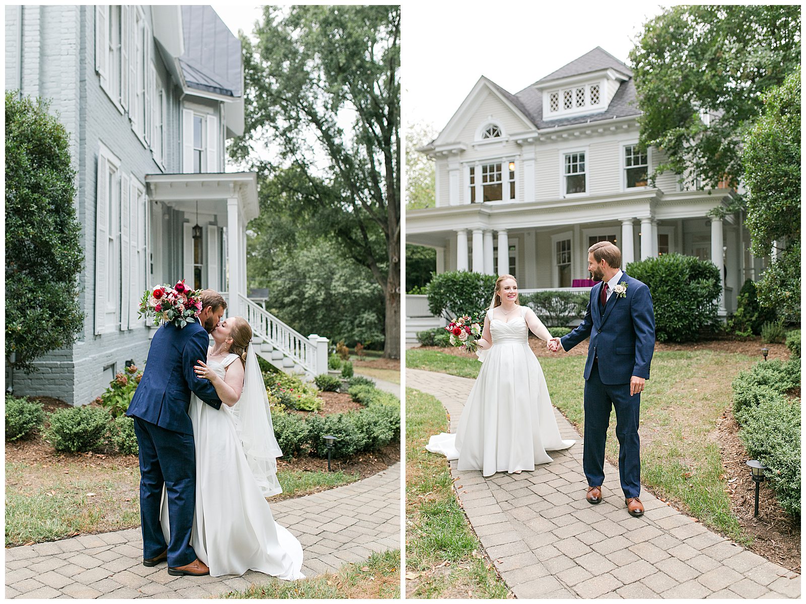 bride and groom share a kiss and walk in front of historic Greensboro venue