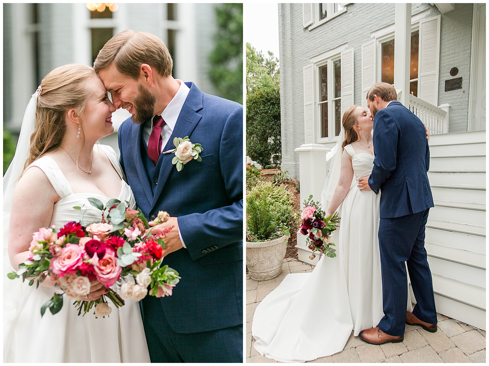 bride and groom are forehead to forehead and share a kiss during portrait time