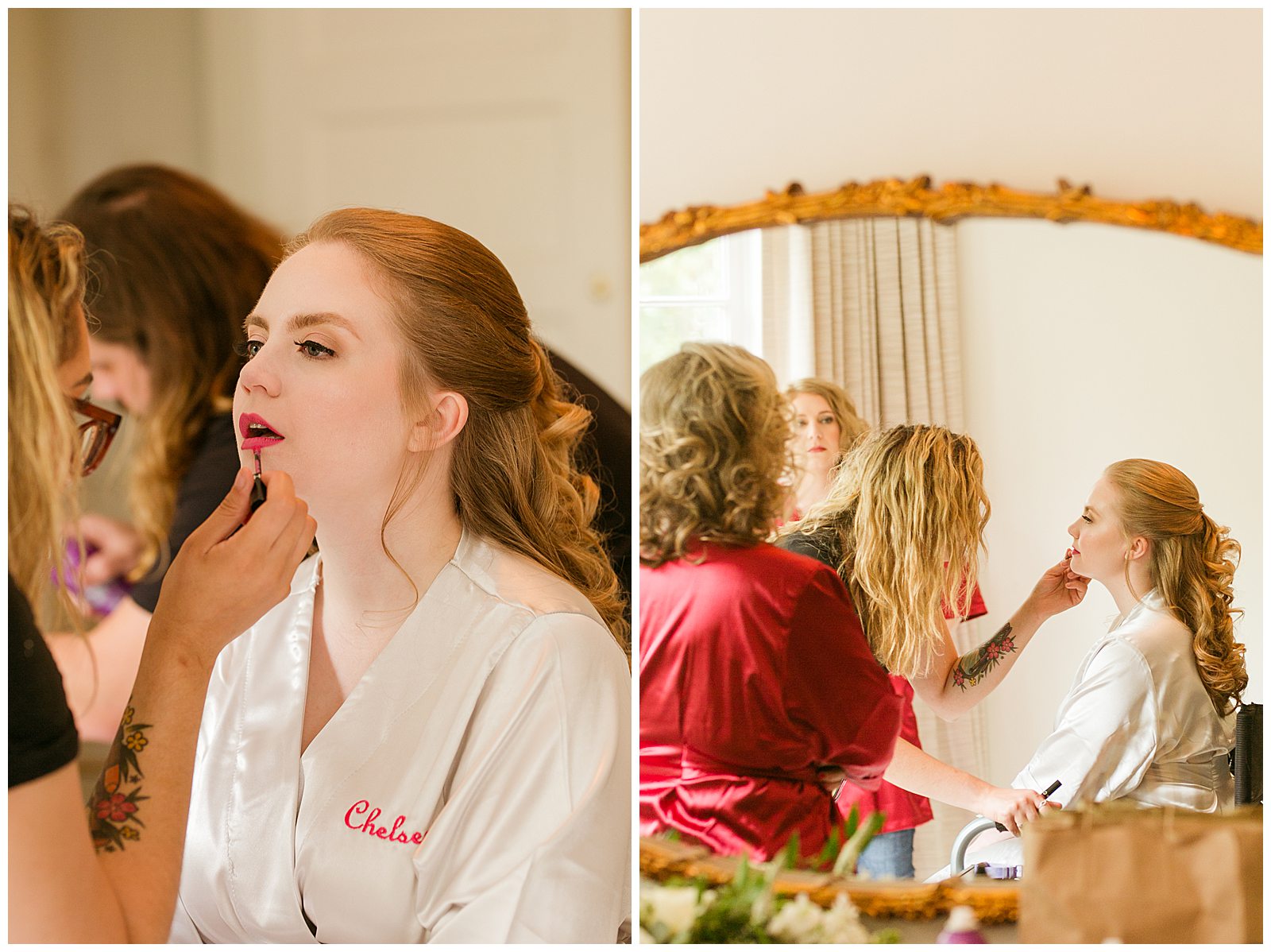 bride gets makeup applied while wearing custom robe