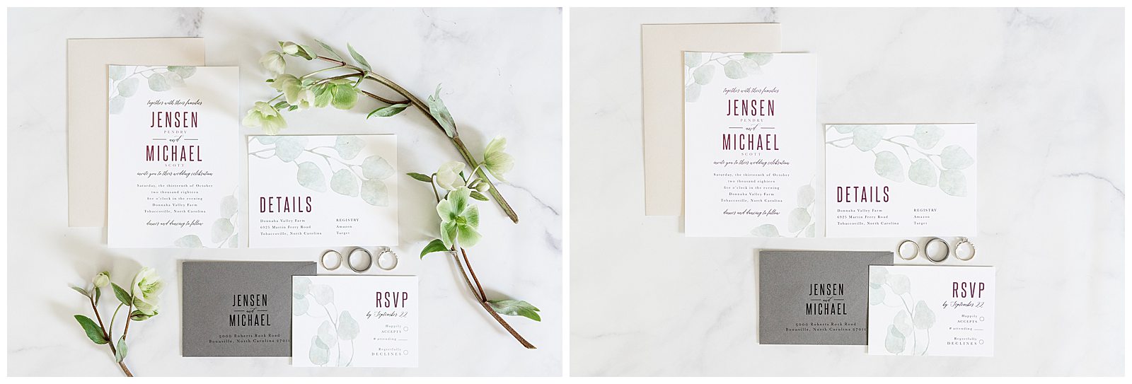 collage of wedding invitation suite by Anna Howe Design, photographed by Jenn Eddine Photography, Inc. showing with and without flowers