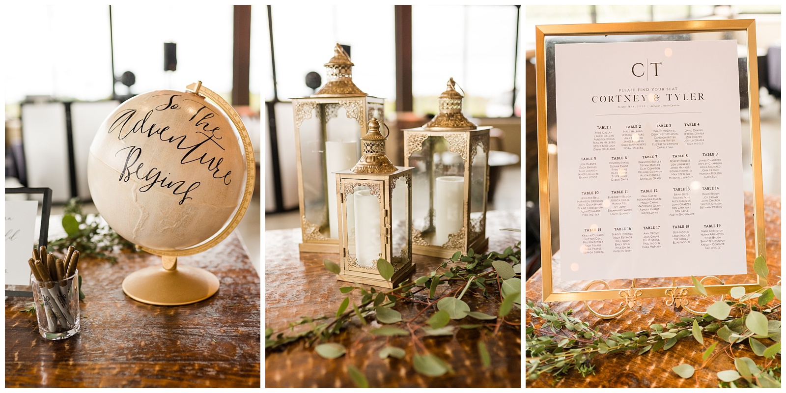 the adventure begins wedding globe guest book in gold with script font.