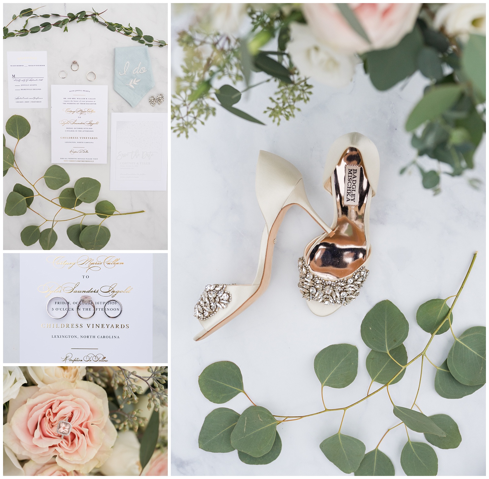badgley mischka wedding heels, wedding rings, invitations, and other details including lots of greenery, blush, and rose gold accents at the Childress Vineyards Wedding venue