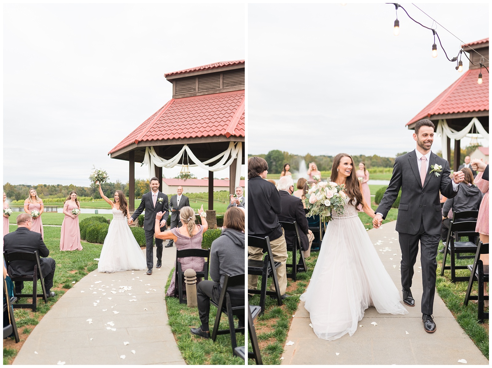 bride and groom recessional after getting married at the Childress Vineyards Wedding venue. Photo taken by jenn eddine photography, a greensboro north carolina wedding photographer