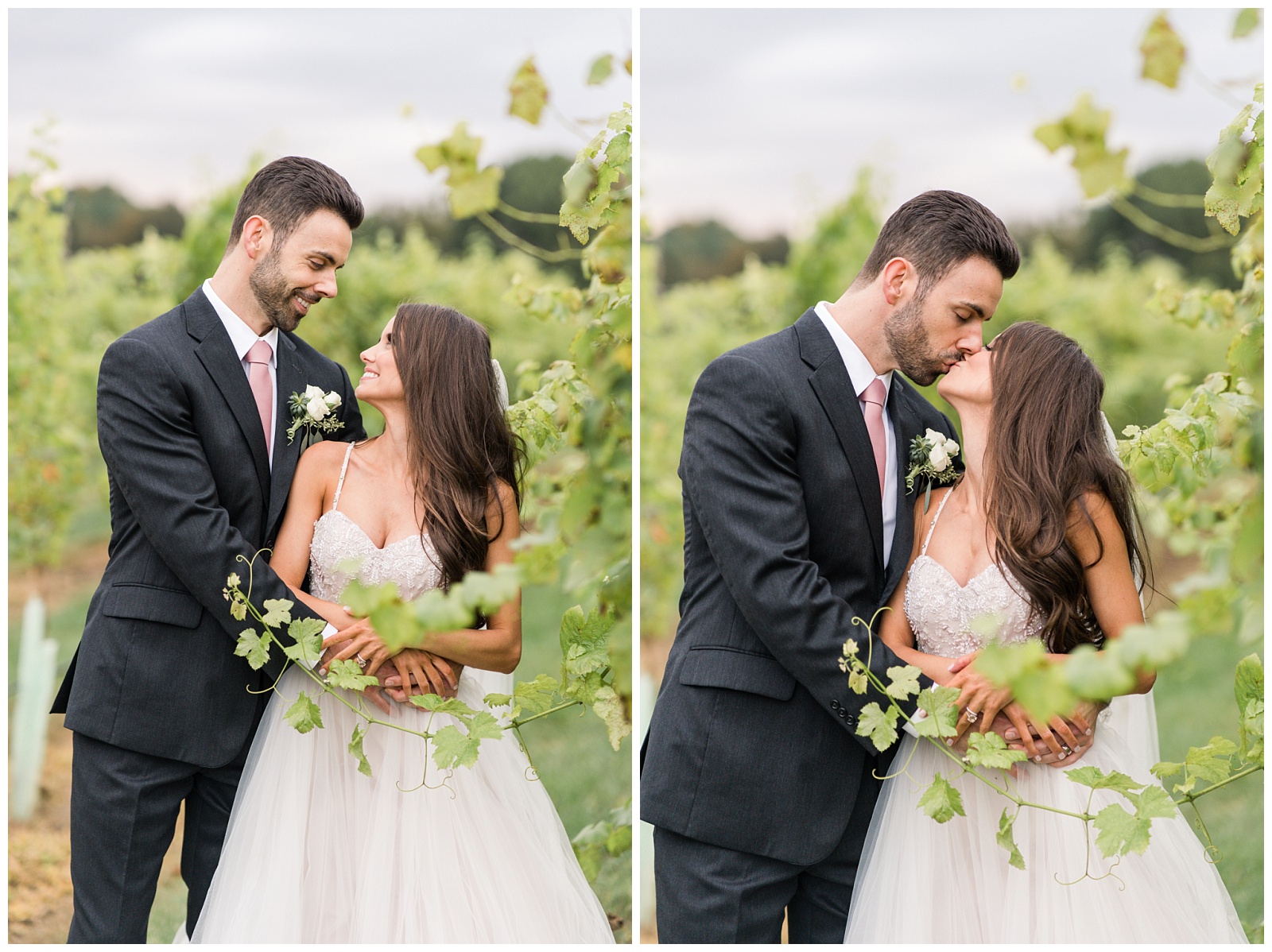 bride and groom snuggle up for portraits at at the Childress Vineyards Wedding venue