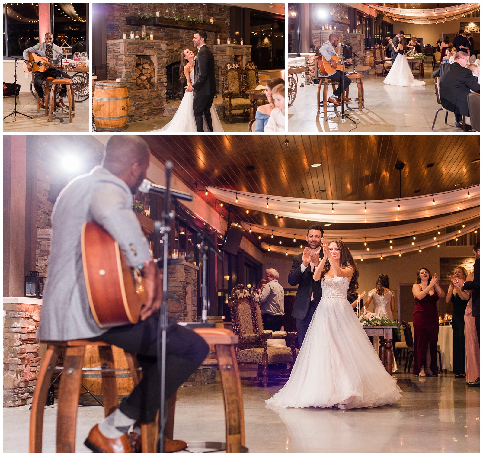 Bride and groom share a dance to live acoustic guitar during wedding reception at Childress Vineyards