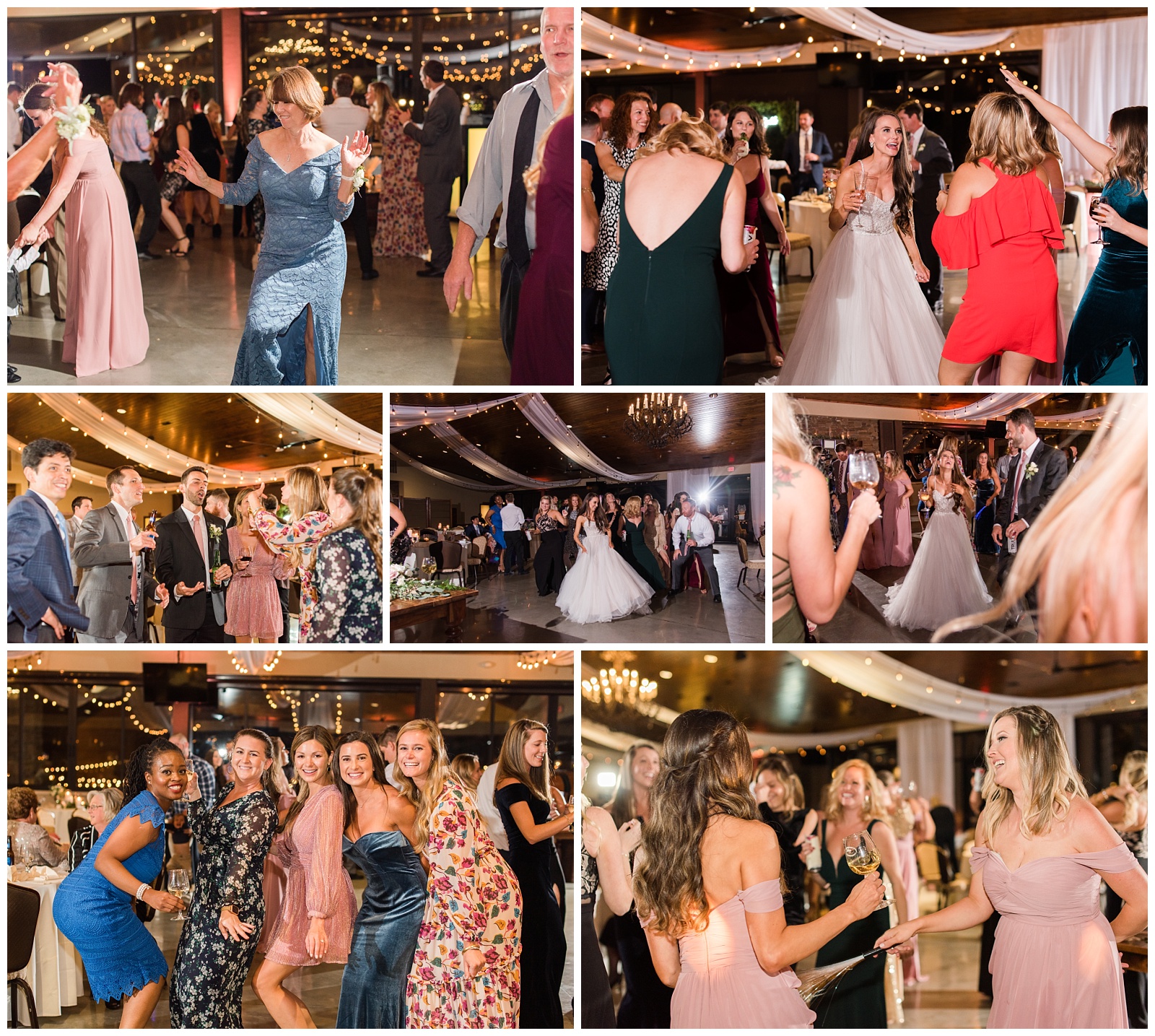 Collage of wedding reception images including lots of dancing, guests celebrating, and bride having fun with her wedding party