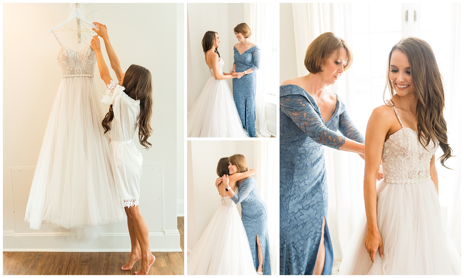 mother and daughter share a sweet moment; a photo series of bride getting in her wedding dress. Photo taken by jenn eddine photography, a greensboro north carolina wedding photographer