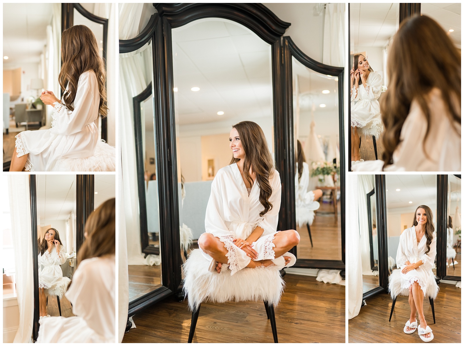 photos of bride putting on earring in the mirror at the Childress Vineyards Wedding venue. Photo taken by jenn eddine photography, a greensboro north carolina wedding photographer