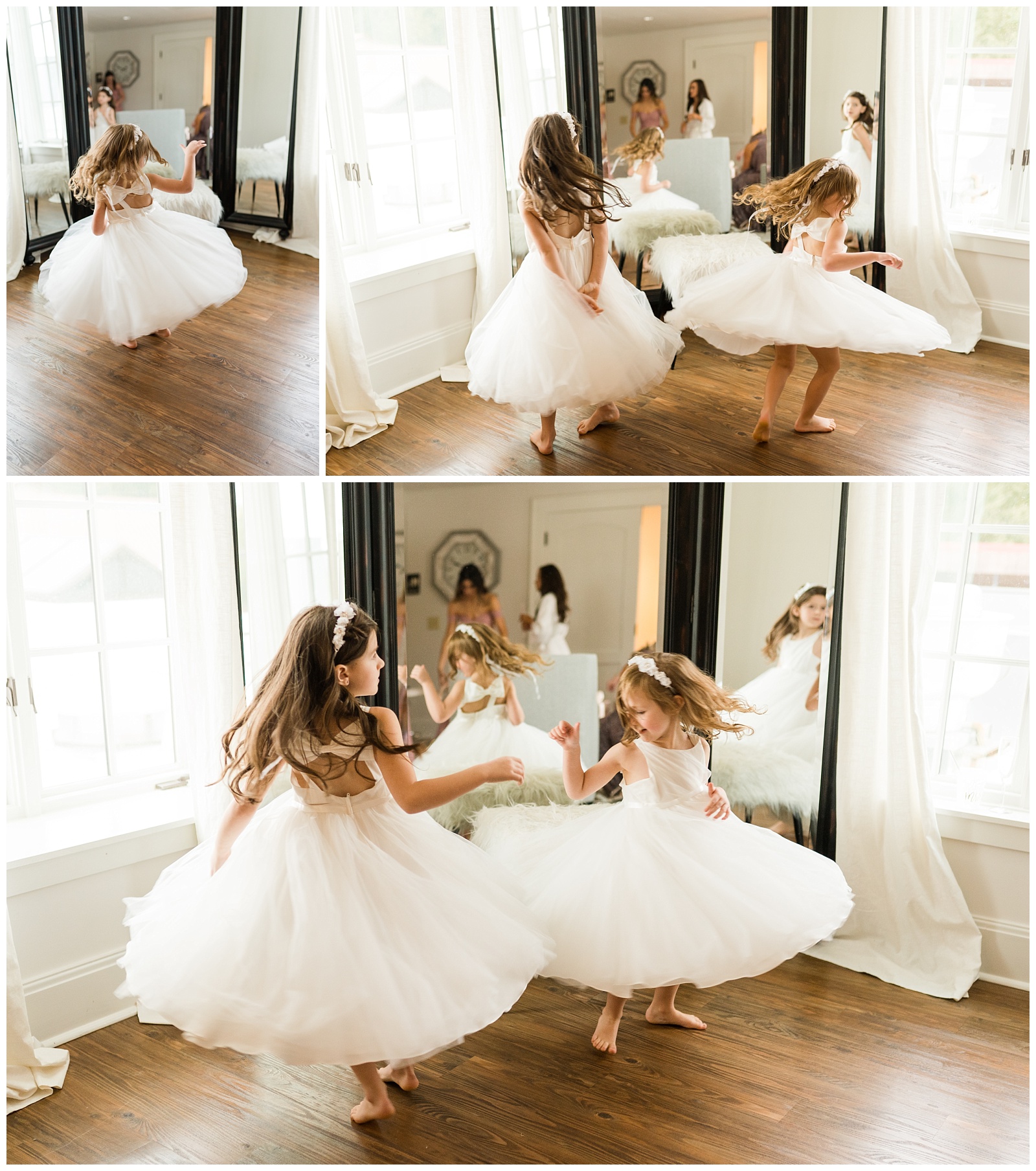 flower girls twirl in the mirror after putting on their tulle dresses. Photo taken by jenn eddine photography, a greensboro north carolina wedding photographer