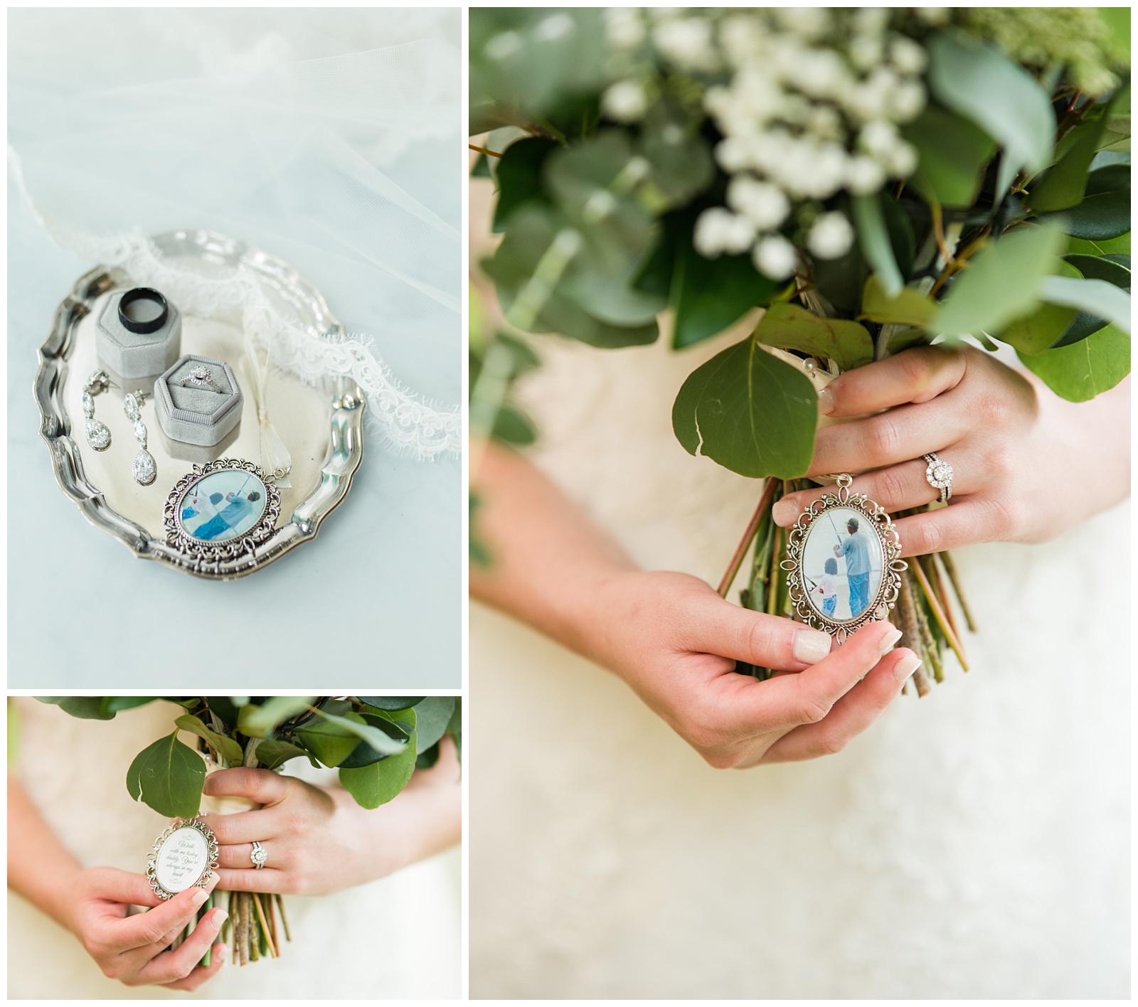 brooch charm with an image of grandmother pinned to bridal bouquet and photographed with wedding details, a special way to honor loved ones