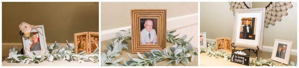 photos of family members who has passed away are on display at a wedding reception table, a special way to honor loved ones