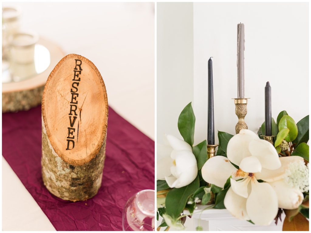 image of candles, floral arrangement, and "reserved" sign signifying memory of someone special at a wedding