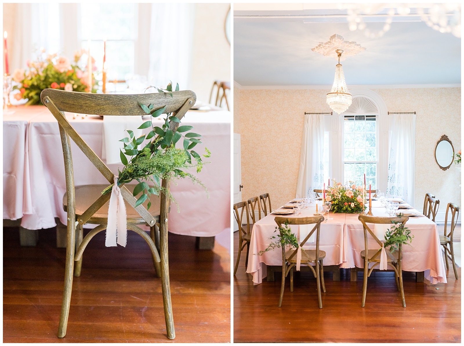 Holt House Nc reception dining room space decorated with tall taper candles, floral centerpieces, mantle decor, and pink and gold accents