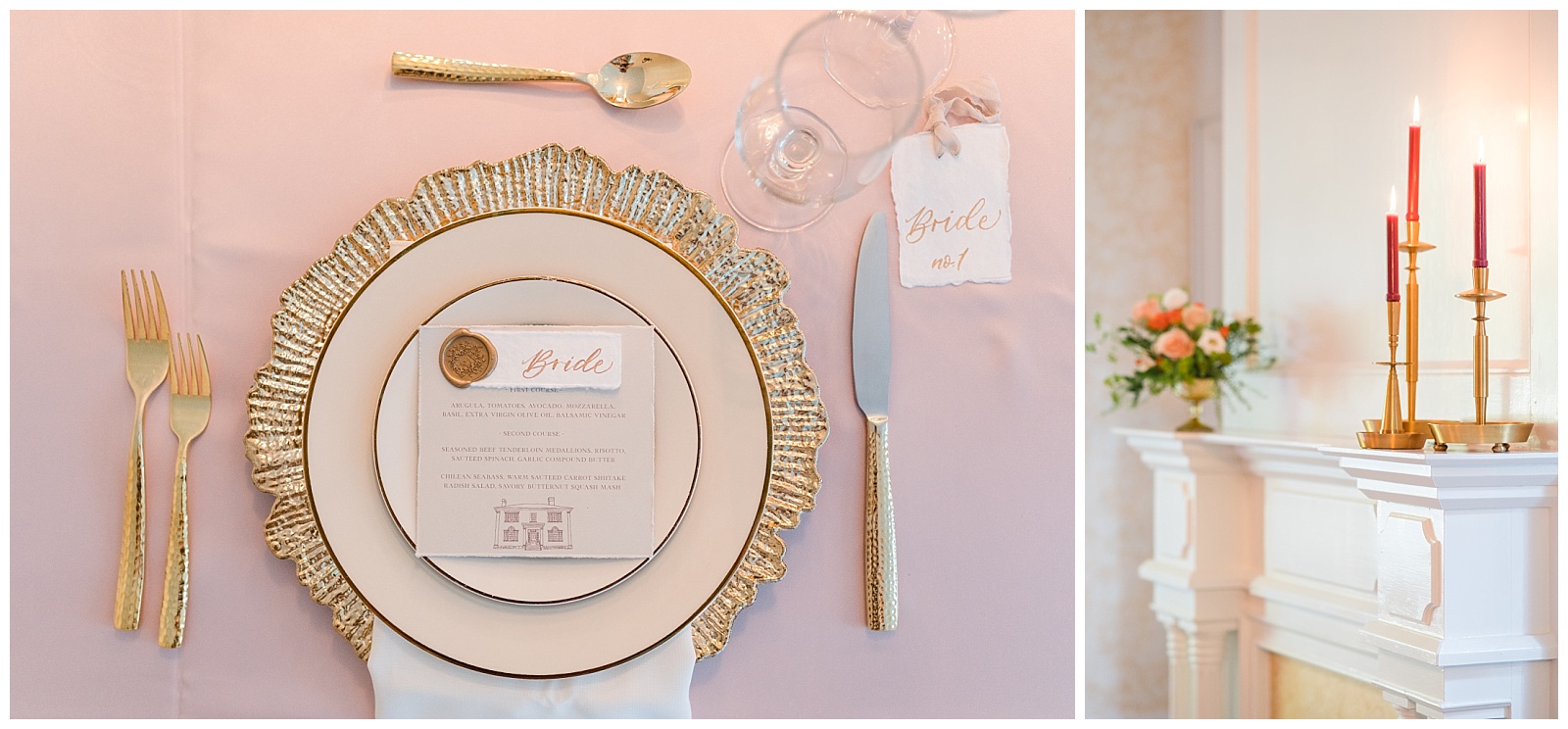 table setting with gold charger plates and custom place markers
