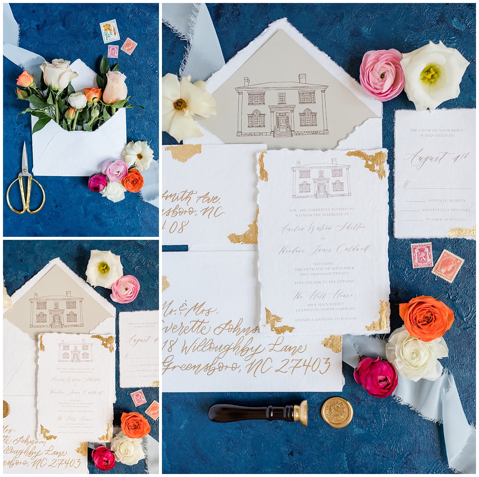 wedding invitation suite from magnolia pen and paper NC with rough edges, custom wax seal, matching ribbon, and fresh florals in editorial layflat