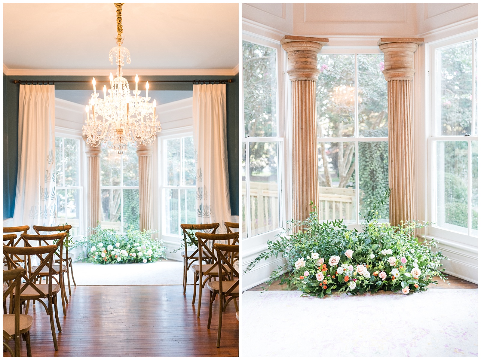 small ceremony setting with white columns and large floral arrangement at holt house nc historic venue