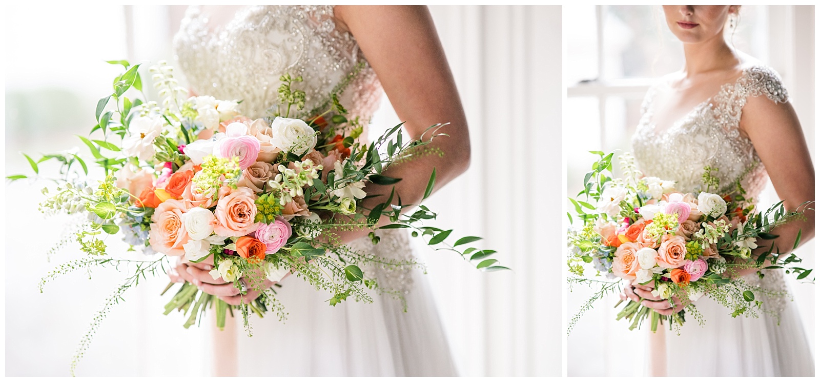 up close image of pink, white, and green bridal bouquet by grace and greenery nc