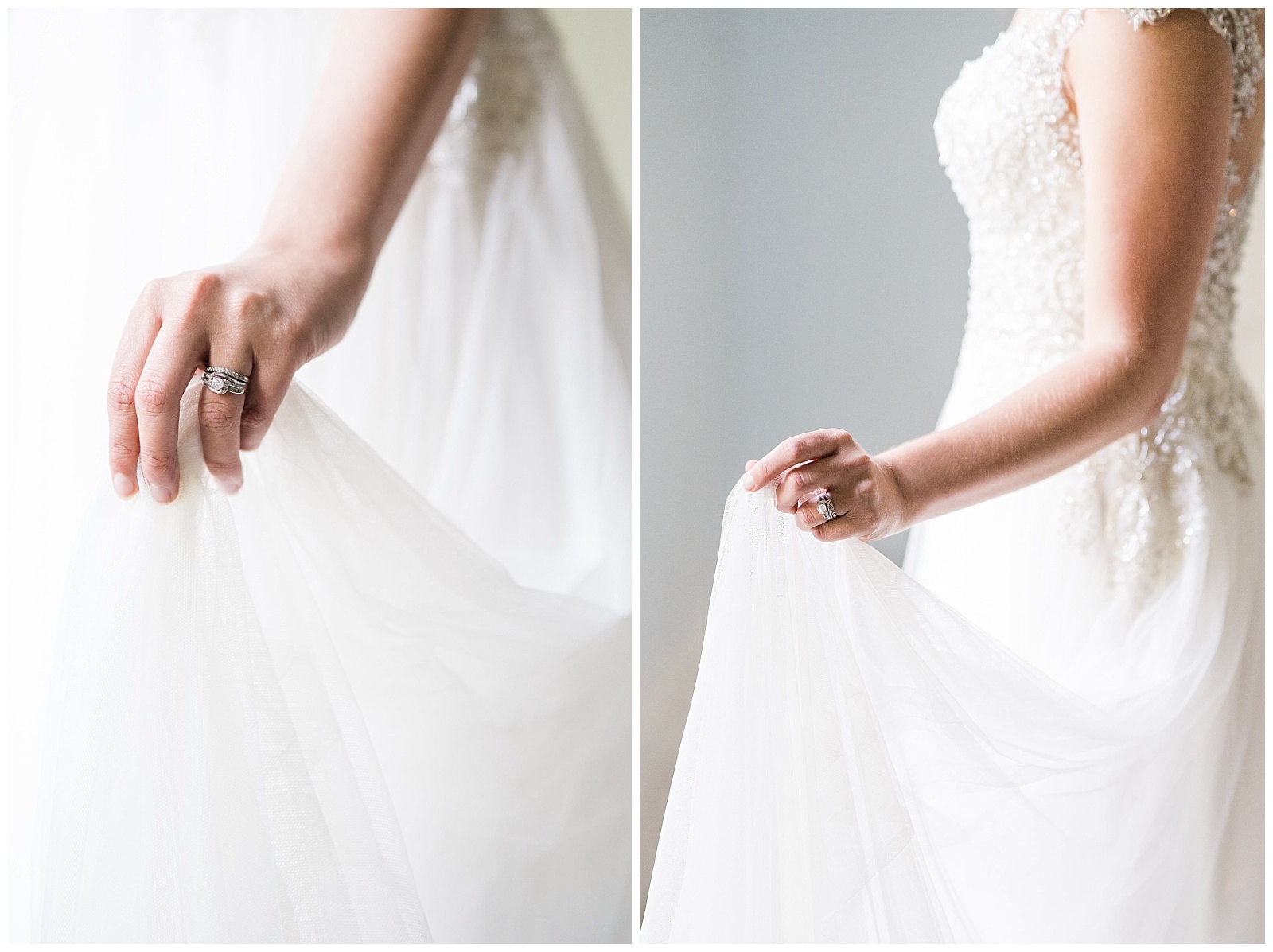 up close image of engagement ring and bridal dress skirt