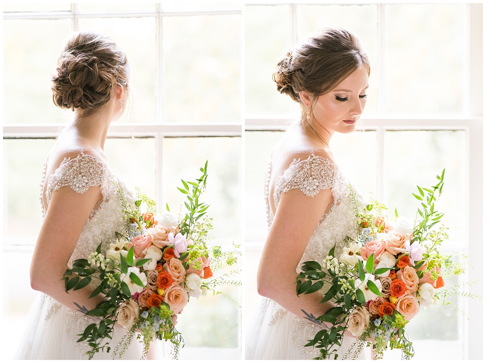 bridal portraits in historic nc venue with huge bridal bouquet by Jenn Eddine Photography