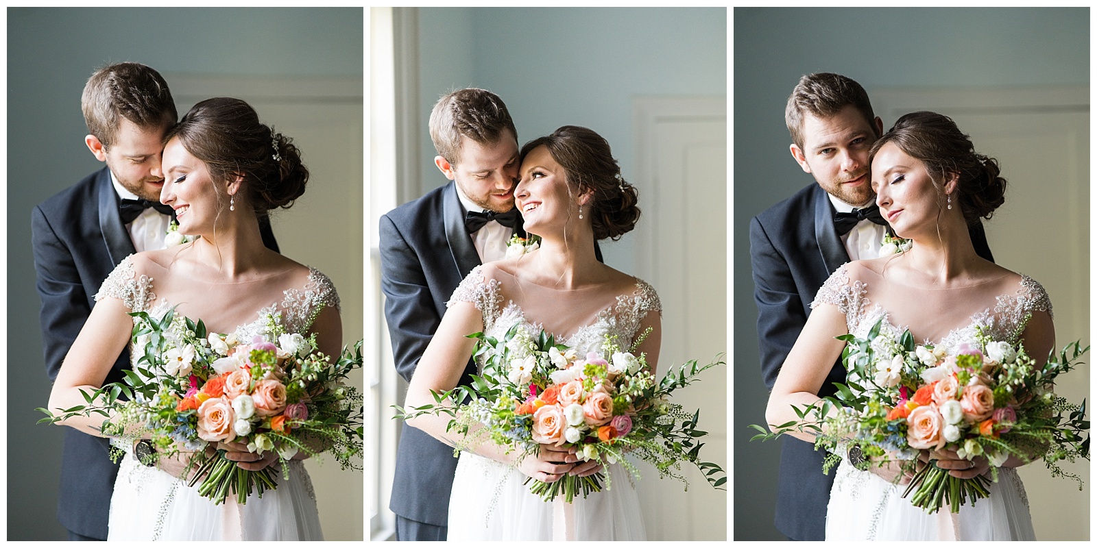 bride and groom couples portraits in historic nc venue with huge bridal bouquet by Jenn Eddine Photography