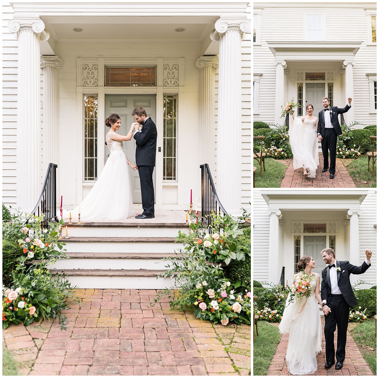 couple get married at holt house nc historic lexington wedding venue exterior white front porch