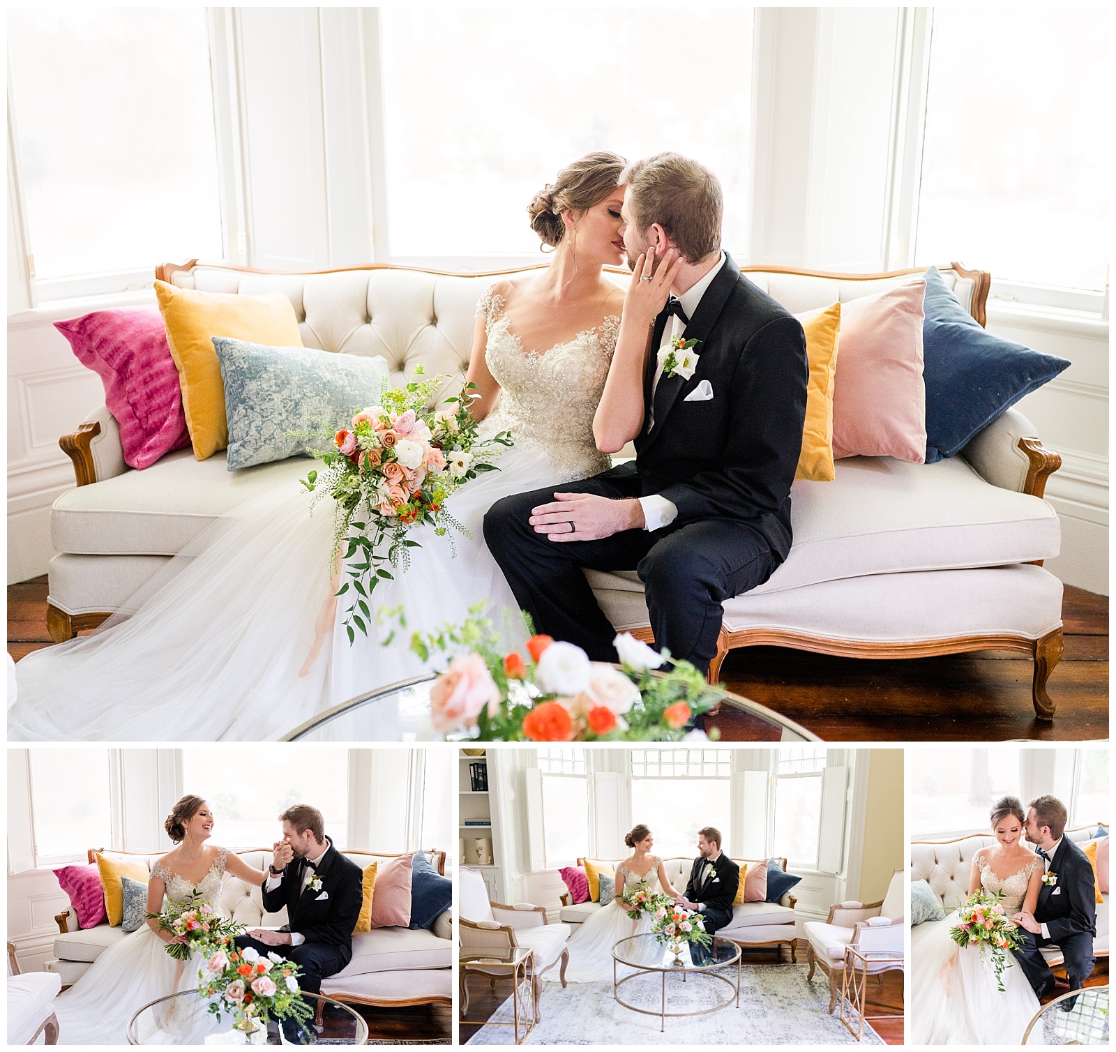 couple in wedding attire sitting on antique couch sharing a kiss during holt house nc styled micro wedding shoot with bright florals and pops of color