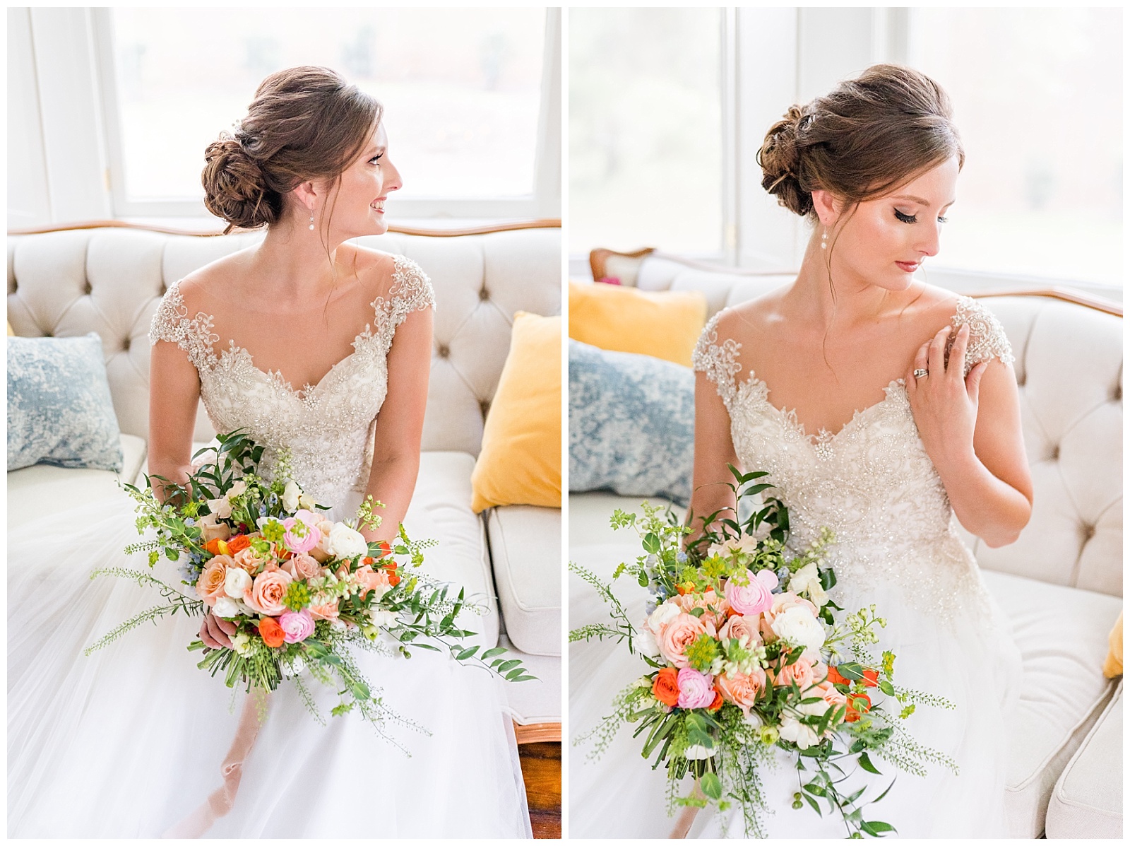 bridal portraits on white couch with bright, colorful floral arrangement from grace and greenery nc