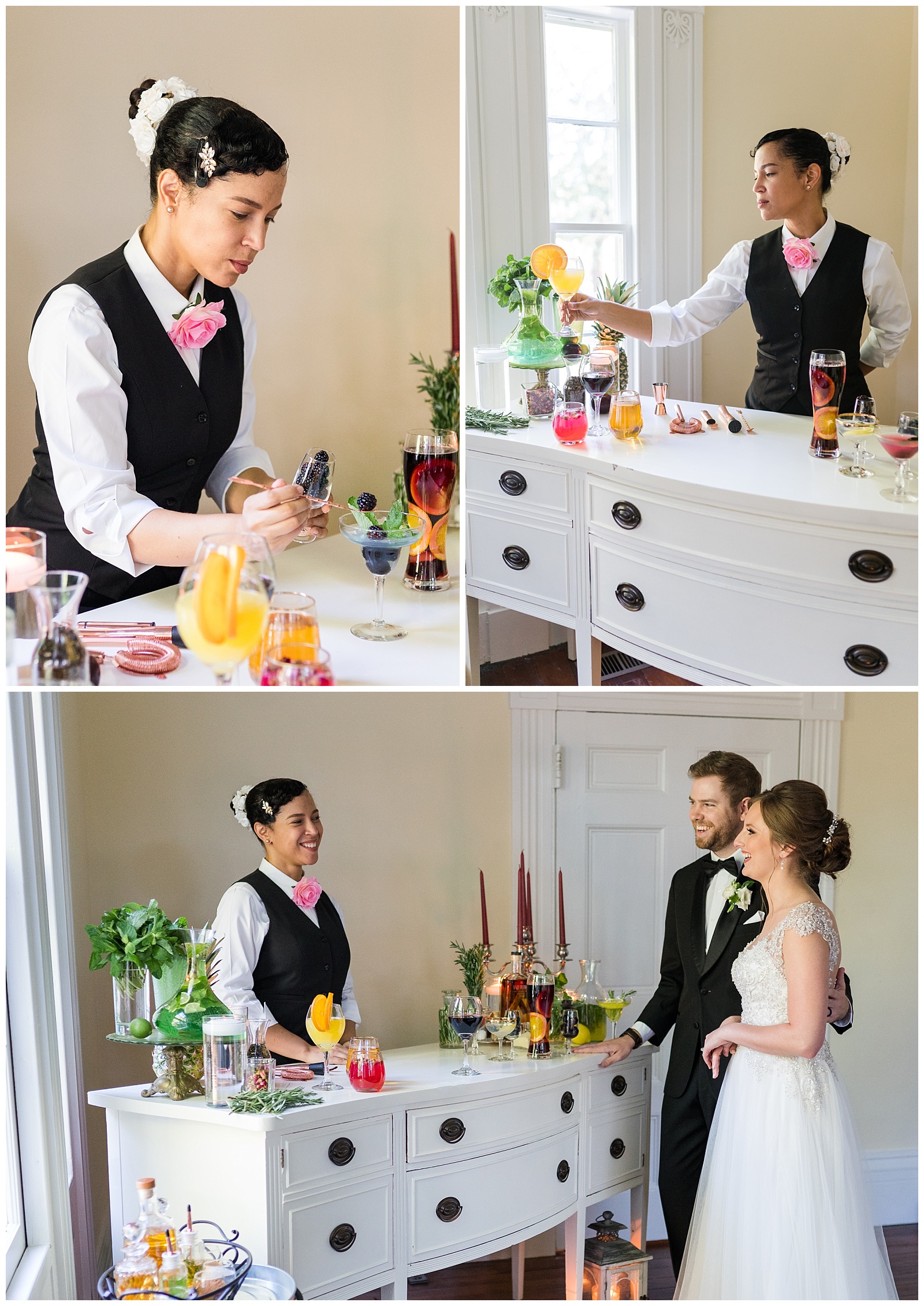 the wine flower bartending services serving bride and groom signature cocktails at holt house styled shoot event