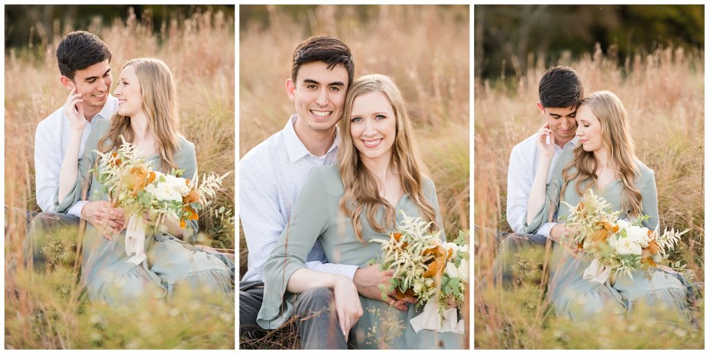 engaged couple snuggles up for portraits in a field