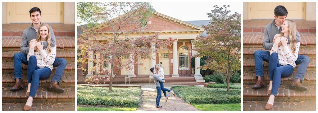 couple poses for engagement portraits on steps of NC state school of architecture