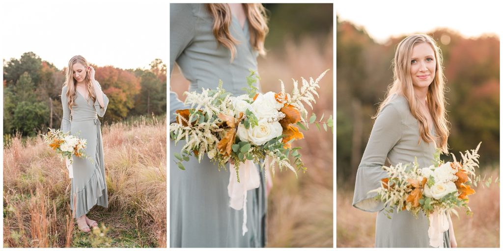 young woman poses with bouquet in wild field in Raleigh NC