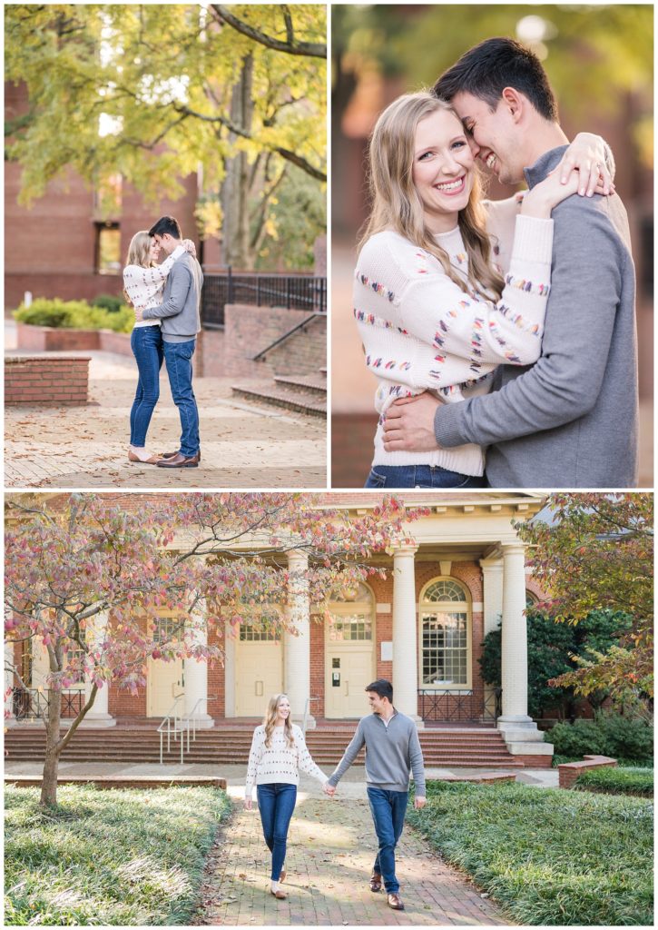 couple laughing during engagement portraits at NC state university